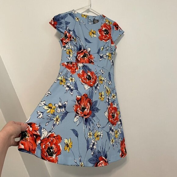 VINCE CAMUTO Floral Fit and Flare Cap Sleeve Dress Blue Red Mini Party Wedding 4 - Picture 10 of 16